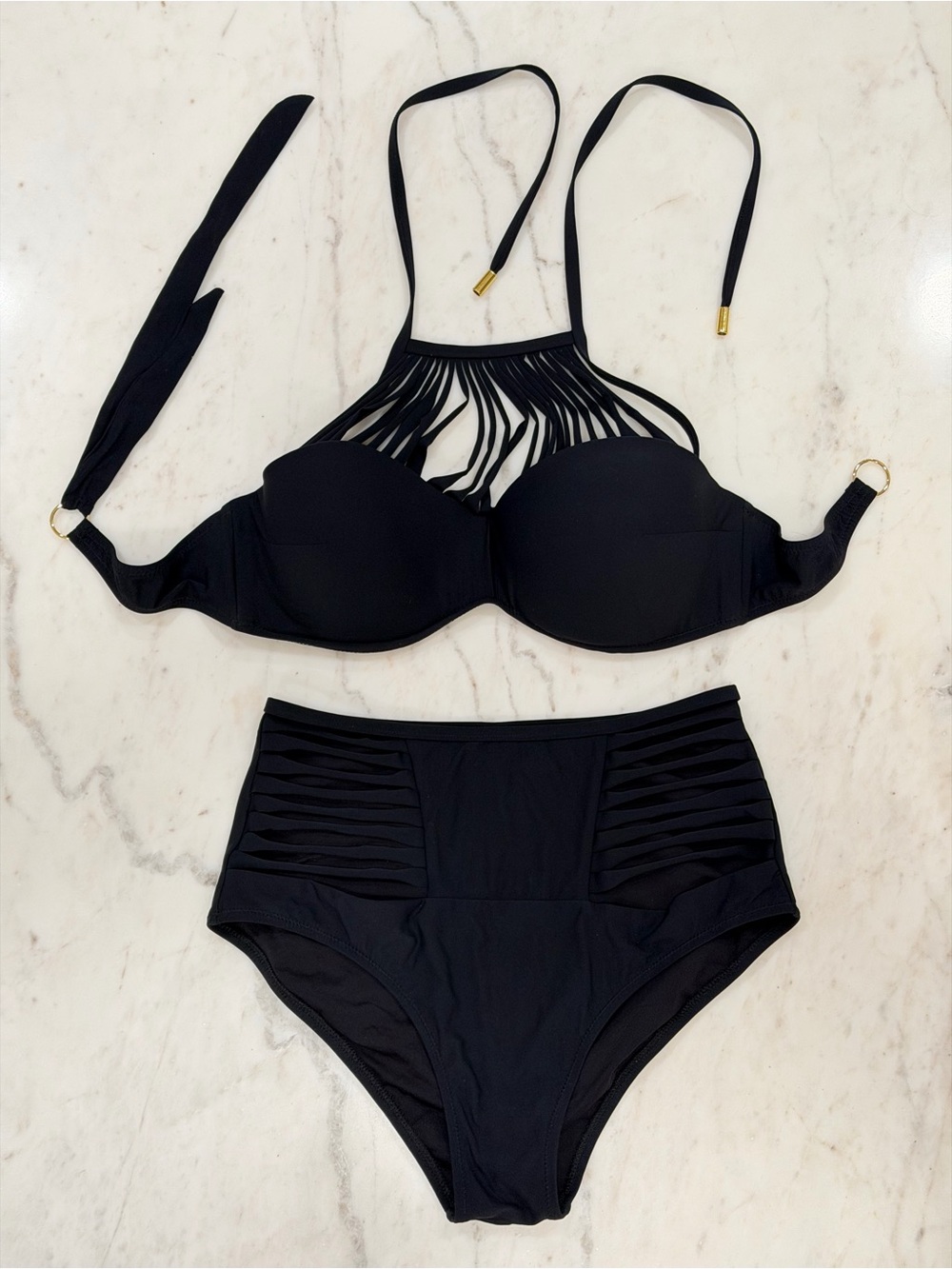 MAGISTRAL Black Strappy High Waist Bikini Set Cup B Size S